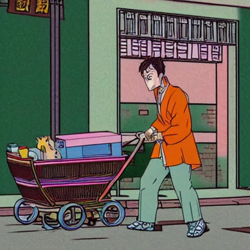 Image similar to man pushing a cart uphill in ulan bataar, sprite, vaporwave nostalgia, directed by beat takeshi, visual novel cg, 8 0 s anime vibe, kimagure orange road, maison ikkoku, initial d, sketch by osamu tezuka, directed by hideki anno