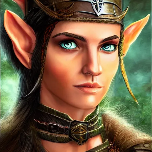 Prompt: portrait of a half elven ranger, dungeons and dragons, full color, vivid, realistic illustration, upper body close up with face