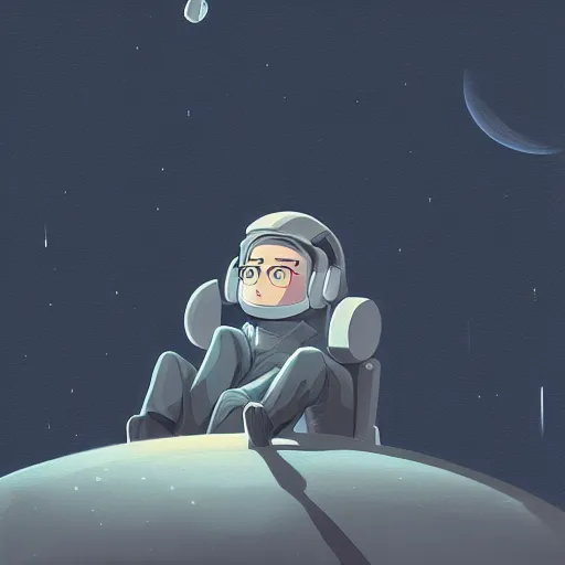 Image similar to medium shot of male wearing headphones sitting on the moon, calm, soothing, relaxed, cosy, quiet, elegant, cybernetic, glows, digital painting, Hayao Miyazaki, realism,