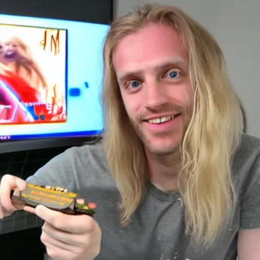 Image similar to skinny guy with long blond hair plays playstation 5 in space