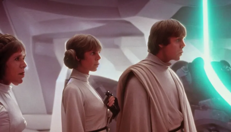 Image similar to screenshot portrait of Luke Skywalker and Princess Leia, facing off against an incredibly haunting female sith lord in white, on a sith planet of purple magic maelstrom, iconic scene from the 1970s sci fi thriller film by Stanley Kubrick, HR Geiger, stunning cinematography, hyper-detailed, sharp, anamorphic lenses, kodak color stock, 4k, stunning