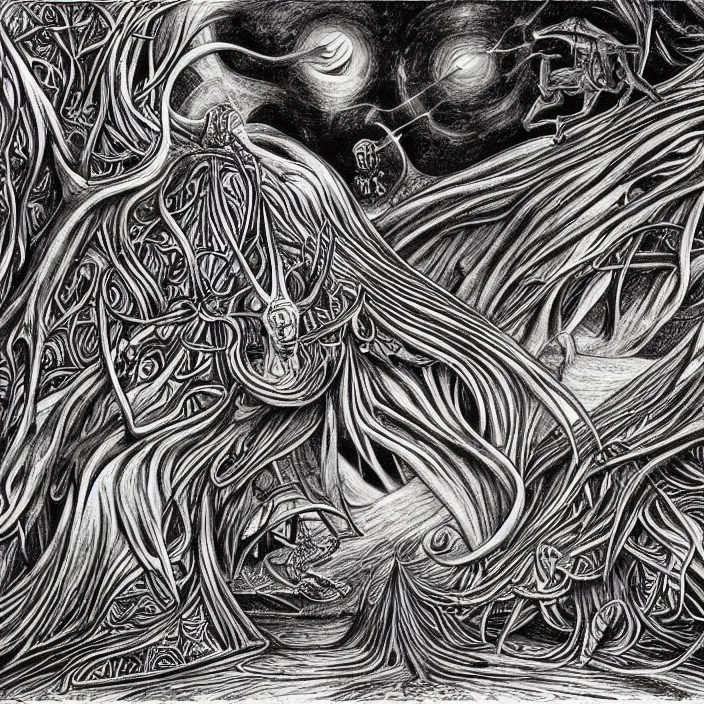 Prompt: A coloring page of a surreal dreamscape by Vladimir Kush and H. R. Giger, black and white line art