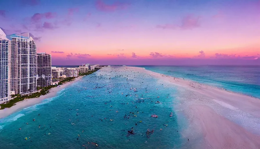 Image similar to miami hotels by leonardo da vinci, unreal engine, digital art, drone photography, sunset, sharp focus, beach, vivid color, clear sky