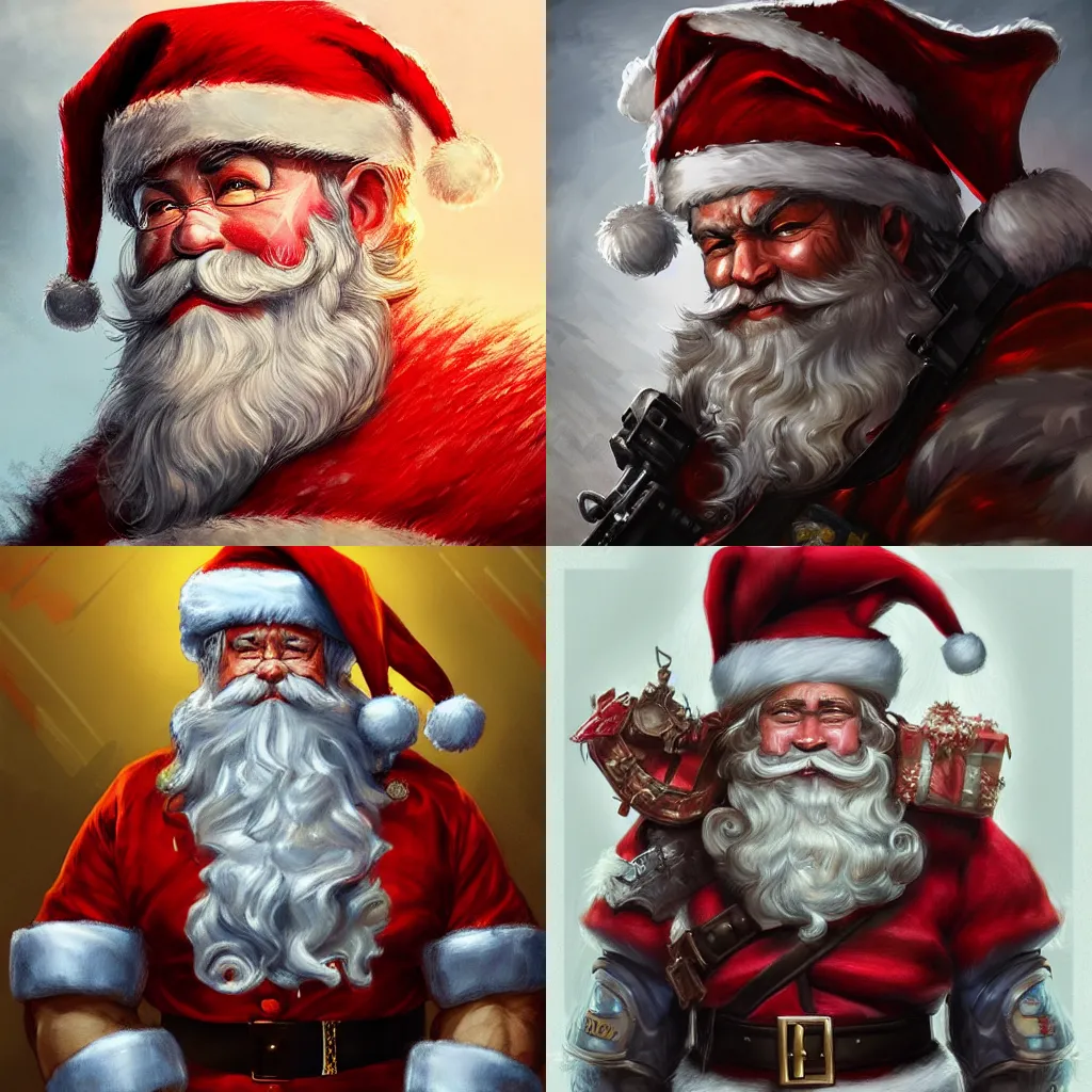 Prompt: Hyperdetailed masterpiece concept art of a half body portrait of a santa claus as a veteran soldier, hyperdetailed concept art by Ross Tran, high quality DnD illustration, trending on ArtStation