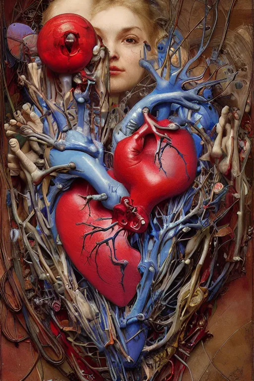 Image similar to accurate anatomical heart imagined as artist's palette, paint, brushes, painted by ruan jia, raymond swanland, lawrence alma tadema, zdzislaw beksinski, norman rockwell, jack kirby, tom lovell, alex malveda, greg staples, artgerm, greg rutkowski and alphonse mucha