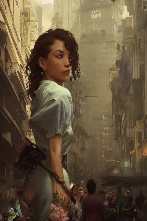 Prompt: a photograph of a mixed race woman, in the background the city is in panic and there is a flooding, fantasy, sharp focus, intricate, elegant, digital painting, artstation, matte, highly detailed, concept art, illustration, ambient lighting, art by ilya kuvshinov, artgerm, alphonse mucha, and greg rutkowski