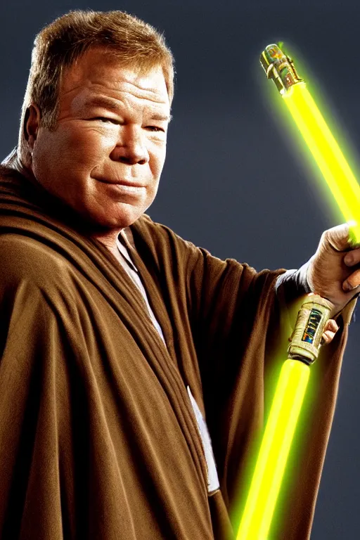 Prompt: photorealistic!! william shatner as a jedi knight, brown jedi robe, holding a yellow lightsaber, film quality