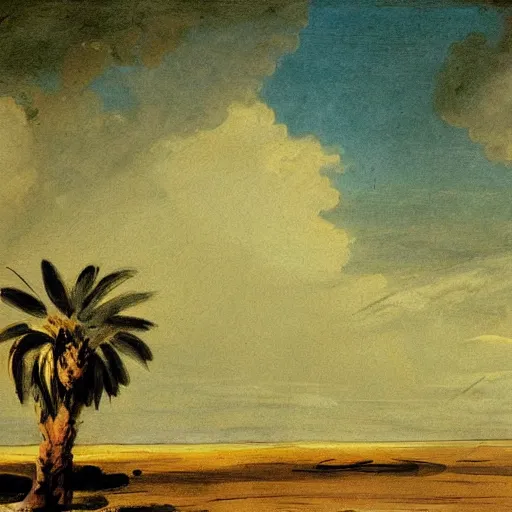 Image similar to a painting francisco goya did when he was obsessed with vaporwave palm trees