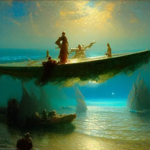 Image similar to point of view of deep in the ocean looking up, you see fishes, higher the milk way, night time, midnight. highly detailed painting by gaston bussiere, greg rutkowski 8 k