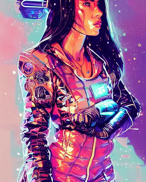Prompt: detailed Megan Fox portrait Neon Operator Girl, cyberpunk futuristic neon, reflective puffy coat, decorated with traditional Japanese ornaments by Ismail inceoglu dragan bibin hans thoma !dream detailed portrait Neon Operator Girl, cyberpunk futuristic neon, reflective puffy coat, decorated with traditional Japanese ornaments by Ismail inceoglu dragan bibin hans thoma greg rutkowski Alexandros Pyromallis Nekro Rene Maritte Illustrated, Perfect face, fine details, realistic shaded, fine-face, pretty face