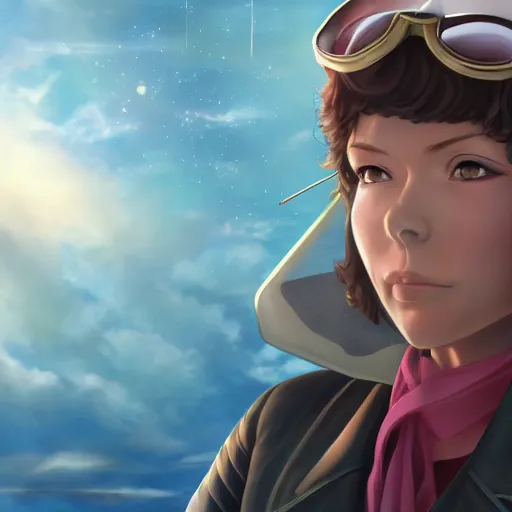 Image similar to portrait of amelia earhart the great pilot of seventh heaven, anime fantasy illustration by tomoyuki yamasaki, kyoto studio, madhouse, ufotable, square enix, cinematic lighting, trending on artstation