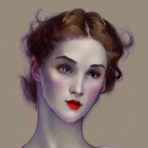 Image similar to a portrait of a beautiful woman in the style of charles dana gibson and in the style of peter mohrbacher. porcelain skin, big blue eyes.