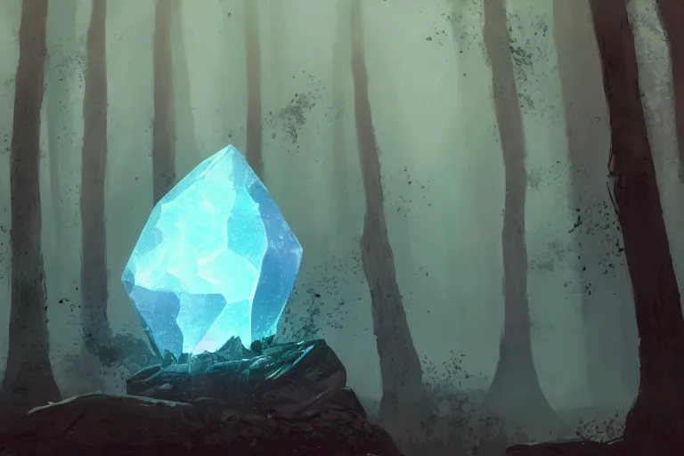 Image similar to big strong glowing mystical crystal inside a dark foggy forest, surrounded by a foew few glowing crystal, trending on artstation, by greg rudkovski