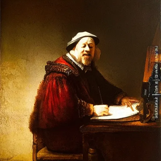 Prompt: rembrandt painting of a hacker working on a computer