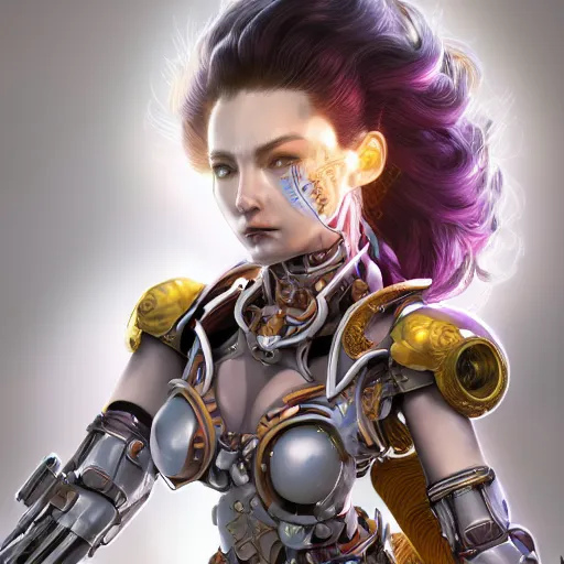 Image similar to studio portrait of lawful good colorful female holy mecha paladin absurdly beautiful, elegant, young sensual graceful woman, ultrafine hyperrealistic detailed face illustration by kim jung gi, irakli nadar, intricate linework, sharp focus, bright colors, matte, octopath traveler, final fantasy, unreal engine highly rendered, global illumination, radiant light, intricate environment