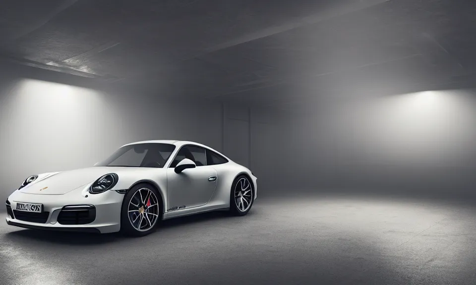 Image similar to photo of a porsche 911 standing in a garage, mist, volumetric light, cinematic lighting, octane render, 4k