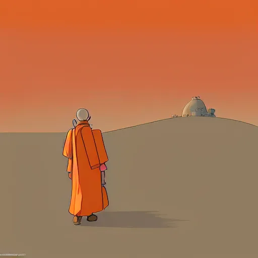 Prompt: a study of cell shaded cartoon of an orange robot monk from howl's moving castle ( 2 0 0 4 ) on a desert road, full body, wide shot, very muted colors, post grunge, studio ghibli, laurie greasley, highly detailed, deviantart, art by artgem