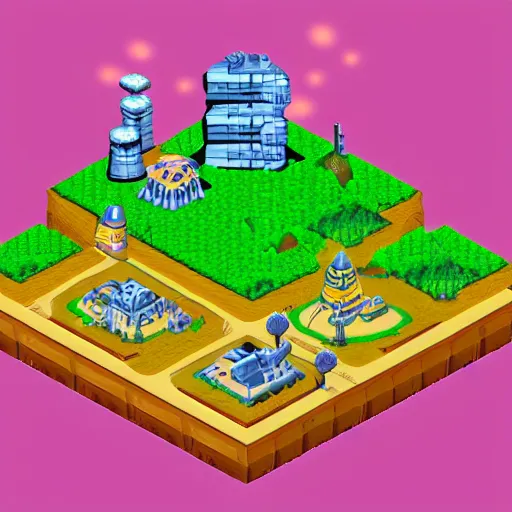 Prompt: isometric view of a colony on a strange planet, from a game made in 1999, high quality graphics