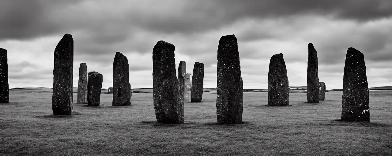 Prompt: figures stand amongst the neolithic standing stones of stenness, somber, grey, dull, melancholic