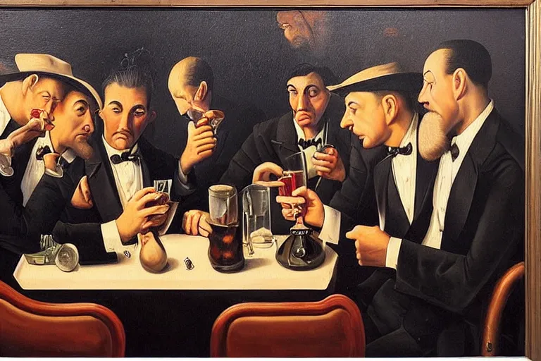 Prompt: gangsters having drinks, surrealism, elegant oil painting, highly detailed