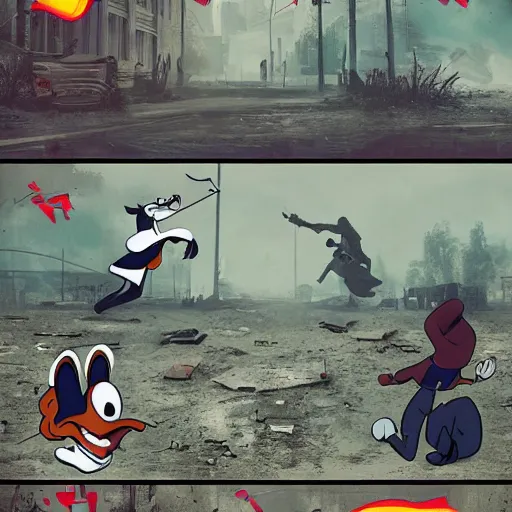 Prompt: goofy fights against the patriarchy in a post apocalyptic city realistic 4 k