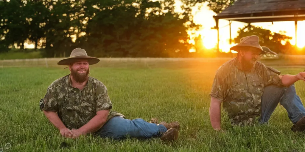 Prompt: - a frogman in a wide hat on an Ohio farm watching the sunset, pleasant, happy, nice