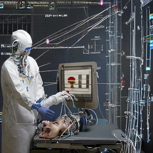 Image similar to long shot portrait of a human flat on back during robotic surgery, artificially embellished with computer circuitry, wires, and devices, small displays with vital readings and graphs crowd the operating room, semi - opaque skin, piercing glare in the eyes, confused, dark bokeh in background, light from top right, diverse textures