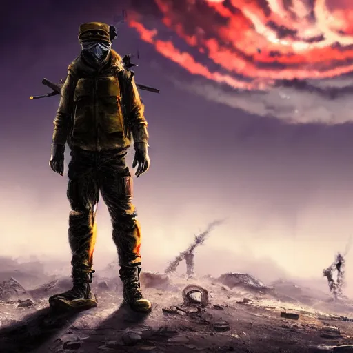 Prompt: postapocalyptic nuclear explosion cinematic background, still portrait of anthropomorphic nafo shiba inu wearing military tactical gear , 4k trending on artstation