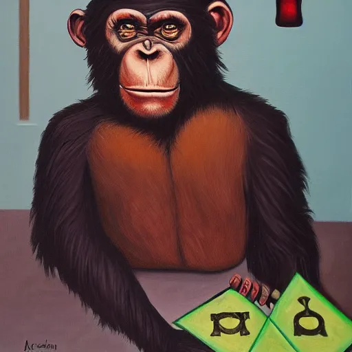 Image similar to portre of an autistic demonic chimpanzee on acid, masonic and kabalistic symbols in background, oil painting