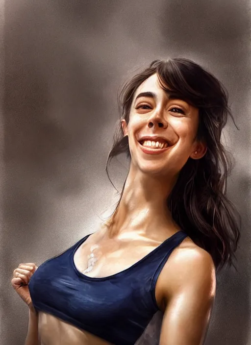 Prompt: full length photo of an smiling Oona Chaplin in a tanktop in the style of stefan kostic, not realistic, sharp focus, 8k high definition, insanely detailed, intricate, elegant, art by stanley lau and artgerm