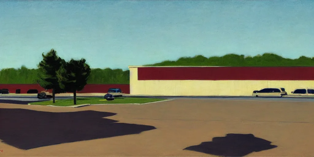 Image similar to The parking lot behind a Walmart in a North American suburban strip mall by Edward Hopper