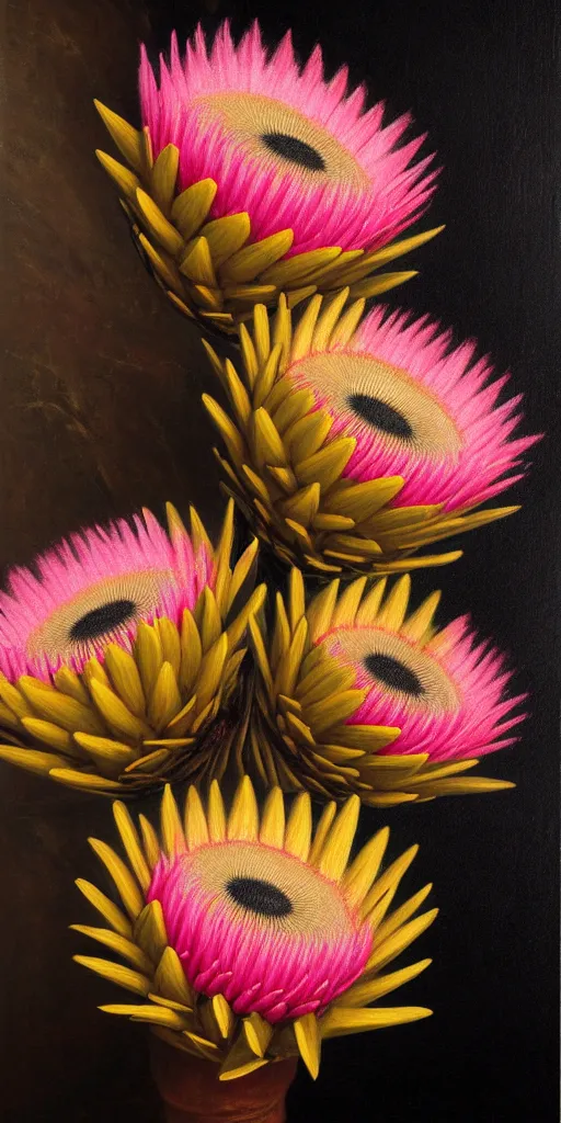 Image similar to detailed pink and yellow protea pincushions against a black backdrop by thomas cole, detailed brush strokes, oil painting, artstation