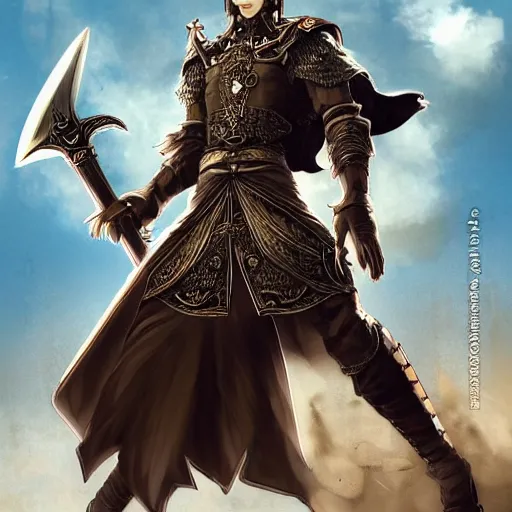 Prompt: an illustration for a new video game, by square enix, about a hero who fights for his nation, very realistic details and details, wearing a turban and also riding a black horse, while carrying a large sword, his clothes are very patterned desert, and also symmetrical, perfect shape and line, this illustration is drawn by yoshitaka amano