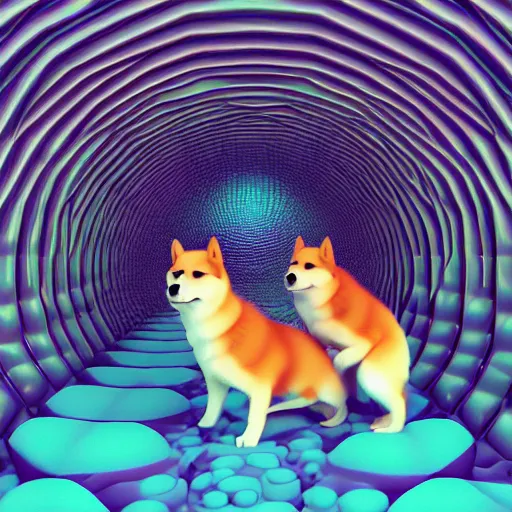 Prompt: two shiba inu in the psychedelic baroque dmt fourth dimensional tunnel, octane 3 d render