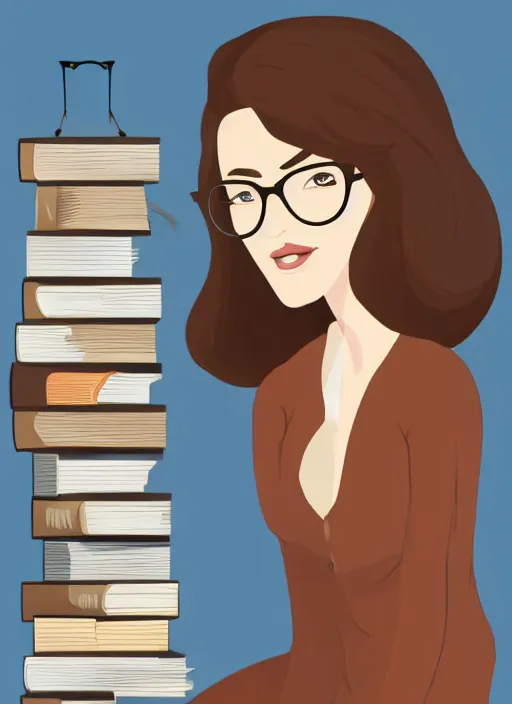 Prompt: a woman with brown hair and glasses sitting on a tall pile of books, reading a book. cel shaded painting, beautiful cartoon art with highly detailed face.