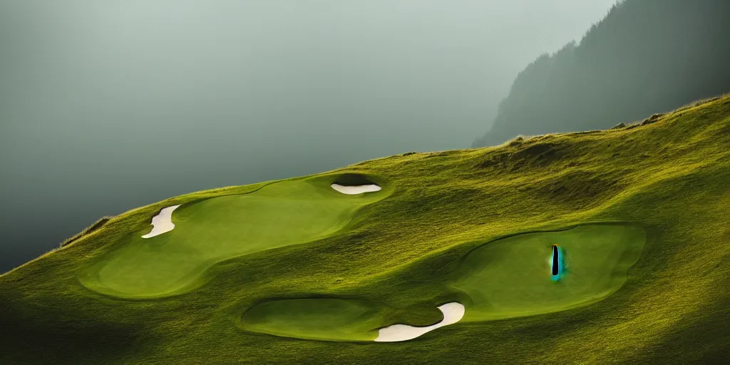 Prompt: a great photograph of the most amazing golf hole in the world, perfect light, over a cliff, in the swiss alps, high above treeline, ambient light, 5 0 mm, golf digest, top 1 0 0, fog