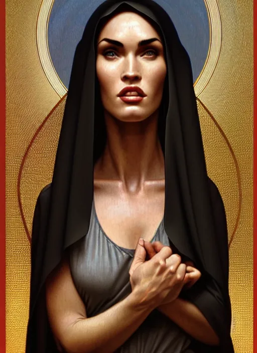 Image similar to portrait of megan fox as a sultry nun, bible, catholic, religion, cross, prayer, intricate, headshot, highly detailed, digital painting, artstation, concept art, sharp focus, cinematic lighting, illustration, art by artgerm and greg rutkowski, alphonse mucha, cgsociety