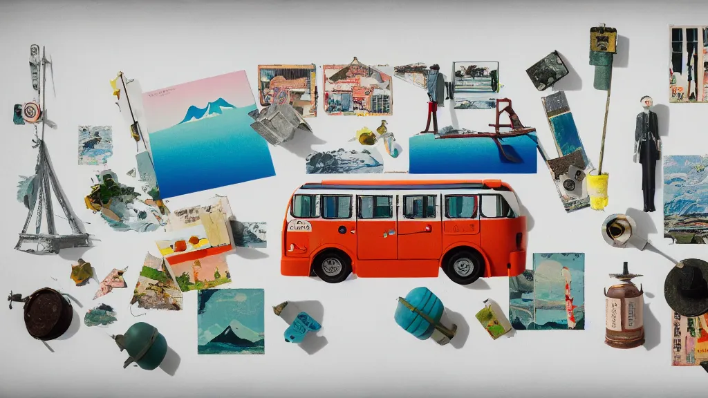 Image similar to an arrangement of explorer traveller props, kyushu japan, a collage painting, in the style of wes anderson, lola dupre, david hockney, isolated on negative white space background dark monochrome neon spraypaint accents volumetric octane render