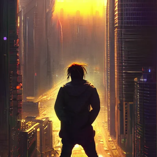 Image similar to cyberpunk, closeup portrait of a juice wrld, dramatic light, city background, sunset, dystopian setting, high contrast, sharp, neuromancer, henry dorsett case, painted by stanley lau, painted by greg rutkowski, painted by stanley artgerm, digital art, trending on artstation