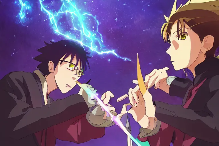 Image similar to cell shaded anime key visual of two apprentice wizards dueling, casting magic spells, in the style of studio ghibli, moebius, makoto shinkai, dramatic lighting