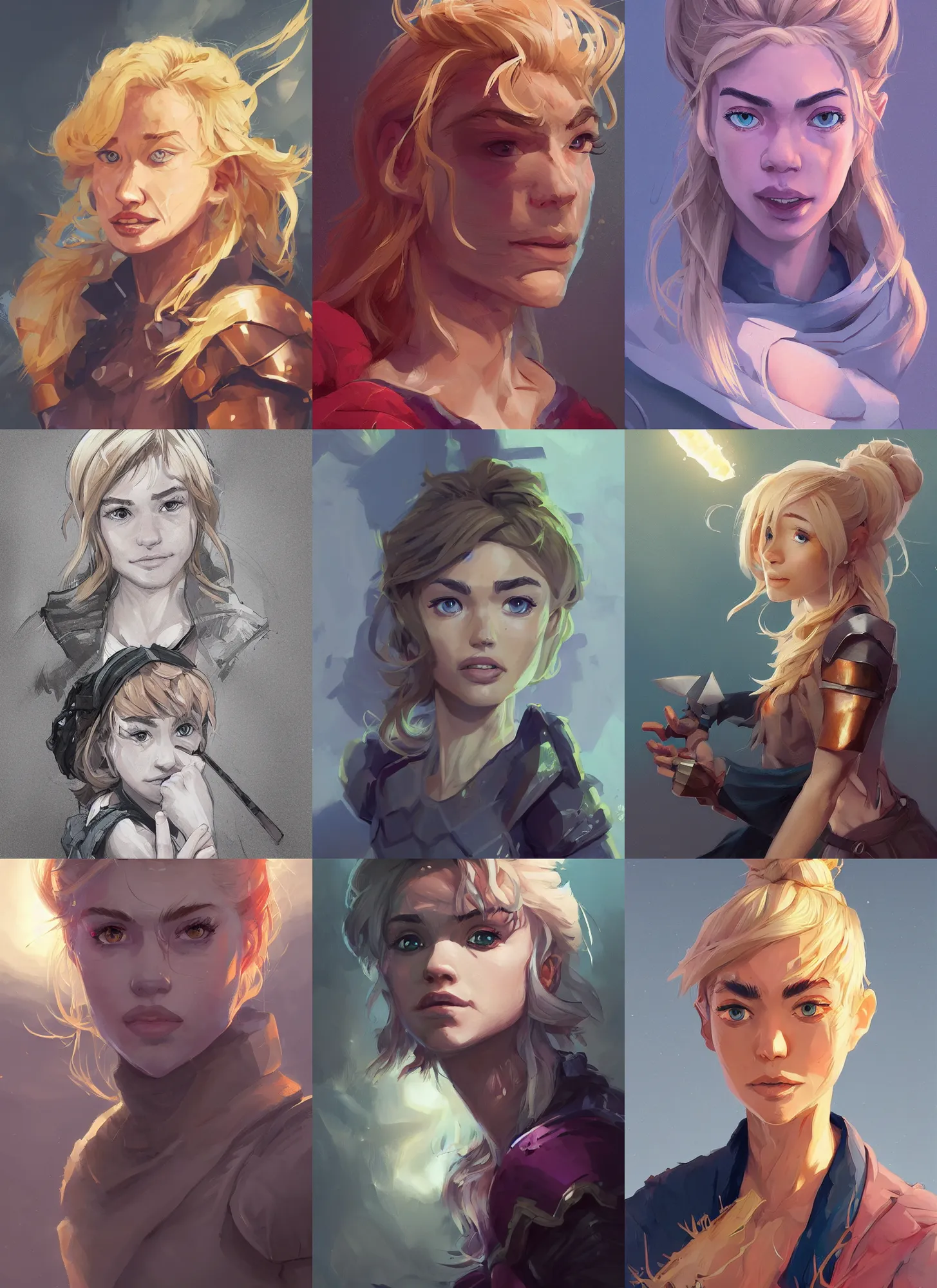 Prompt: just one head, portrait, Imogen Poots D&D Paladin, blonde hair, stylized background, global illumination lighting, official fanart, trending on behance, trending on artstation by Jesper Ejsing and RHADS and Makoto Shinkai and Lois van baarle and ilya kuvshinov and rossdraws