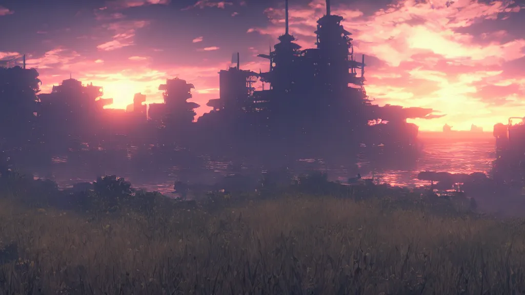 Image similar to beautiful Nier Automata landscape, sunset