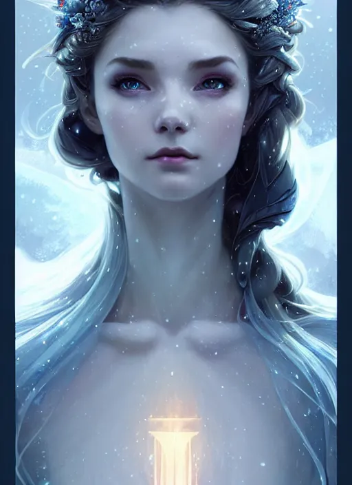 Image similar to a beautiful cinematic female winter goddess, cristal dress, ice wing, galatic shamen with quantum energy fantasy, fantasy magic, undercut hairstyle, dark light night, intricate, elegant, sharp focus, illustration, highly detailed, digital painting, concept art, matte, art by wlop and artgerm and greg rutkowski and alphonse mucha, masterpiece