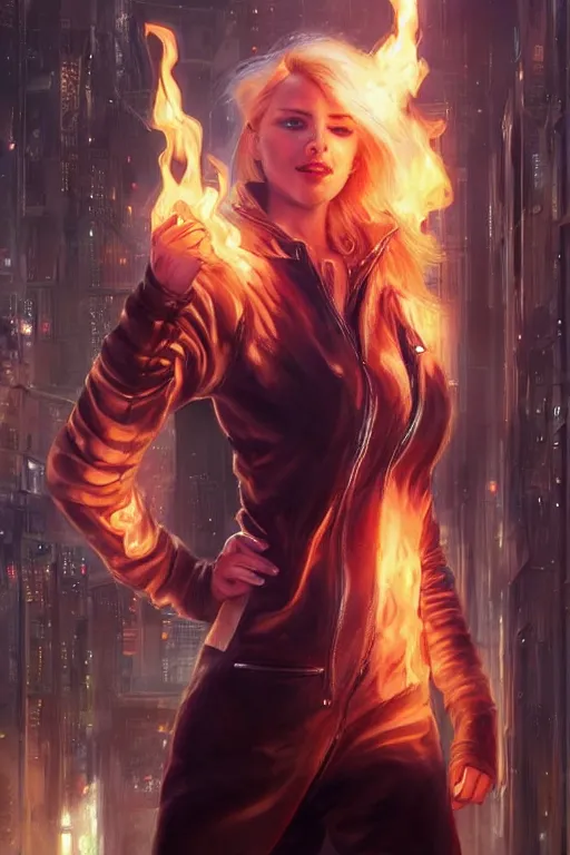 Image similar to wonderful young blonde woman with flames dancing on her hands with a long jacket in a cyberpunk city, realistic mouth, realistic, high definition, detailed and symetric face, detailed and realistic hands, expressive eyes, 4 k, shimmering color, art by artgerm ans greg rutkowski and magali villeneuve