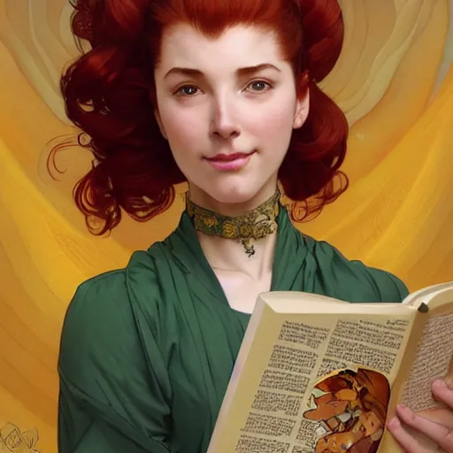 Image similar to a smiling beautiful woman with red hair in a bun wearing a yellow dress and reading a book, masterpiece, intricate, elegant, highly detailed, digital painting, artstation, concept art, smooth, sharp focus, illustration, art by artgerm and greg rutkowski and alphonse mucha and uang guangjian and gil elvgren and sachin teng, symmetry!!