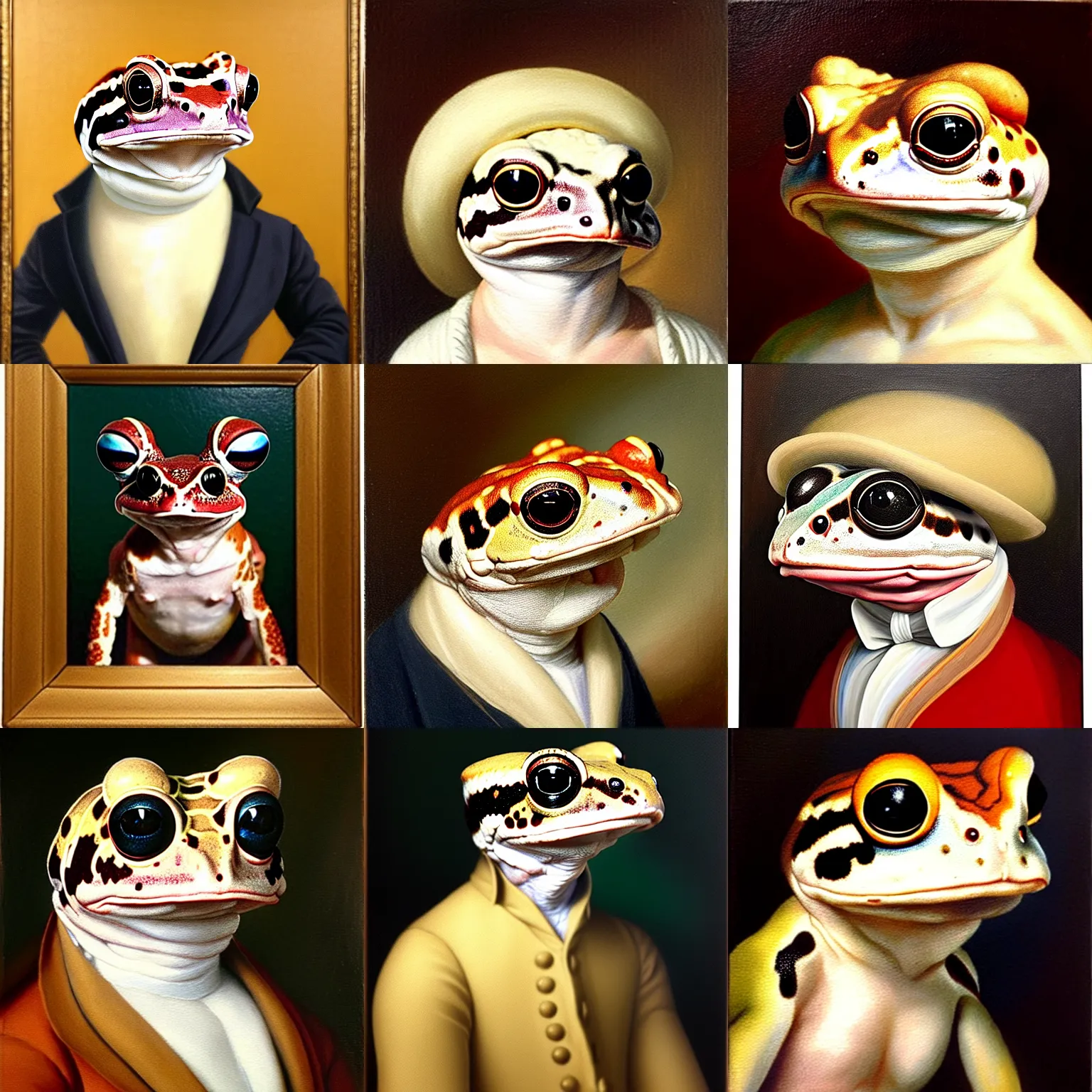 Prompt: a head and shoulders portrait painting of an anthropomorphic!!!!!!!!!! amazon milk frog!!!!!!!!!! wearing a colonial!!!!!!!!!! outfit without a hat looking off camera, a character portrait, neoclassicism, oil on canvas