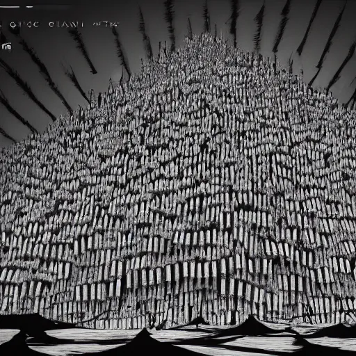 Image similar to gigantic mountain of syringes by junji ito and francis bacon, hunter s thompson feeling of grimdark, sharp focus, fiction, hyper detailed, digital art, trending in artstation, cinematic lighting, studio quality, smooth render, unreal engine 5