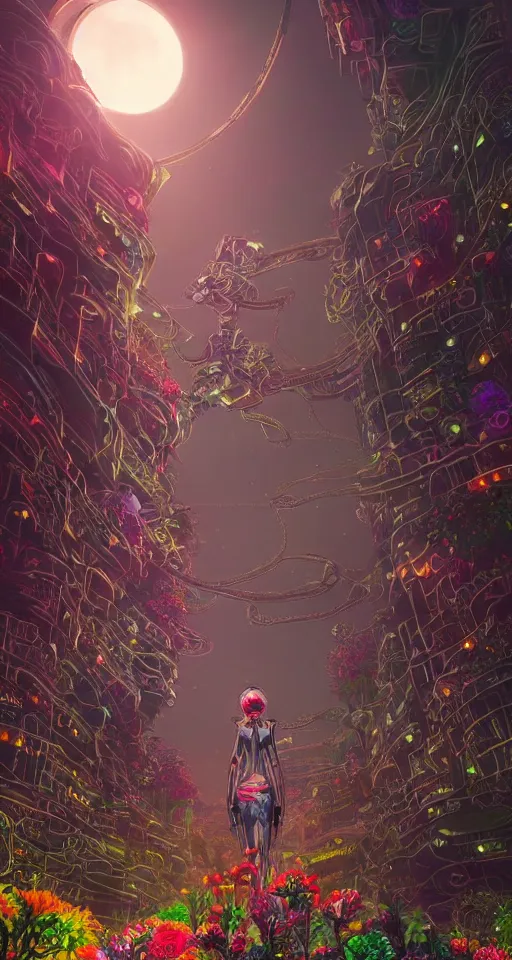 Image similar to beautiful low angle painting of an alien world with sleek architecture, steampunk, ground made of multicolour flowers, neon lights, a tiny girl watching on, in the style of junji ito, elegant, highly detailed, digital painting, artstation, cinematic lighting, glowing light and shadows, trending on artstation, octane render