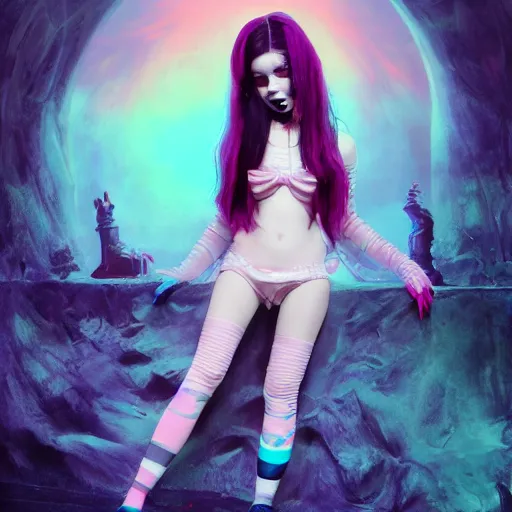 Prompt: fashionable photo of belle delphine in futuristic goth make - up, lolita fashion, cute, ultra realistic, pastel colors, modeling studio, yoga pose, highly detailed, photorealistic, volumetric light, voluptuous, by bruce pennington, by wayne barlowe, by takashi murakami