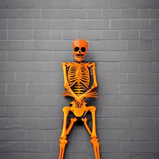 Image similar to a skeleton. his hands looks like traffic - cones. full body photography.